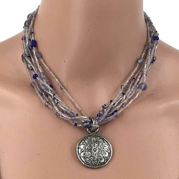 Beaded Multi Strand Necklace Silver tone Pendant Boho Style Blue Beads - Picture 1 of 3